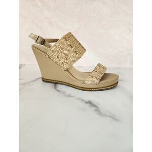 Bamboo womens size 8 open toe wide strap wedge high heel natural light wood colo